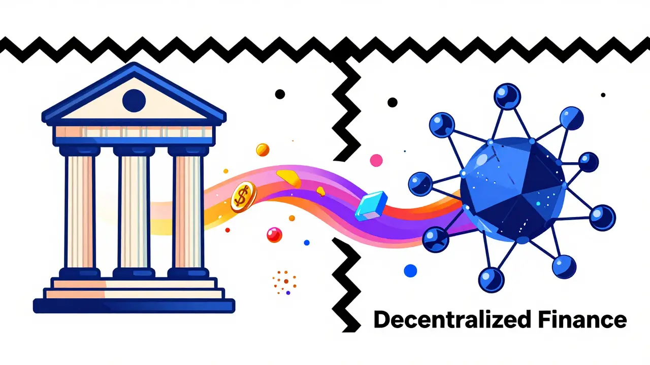 Memphis design depicting a bridge of colorful tokens between a classical bank and a digital network.
