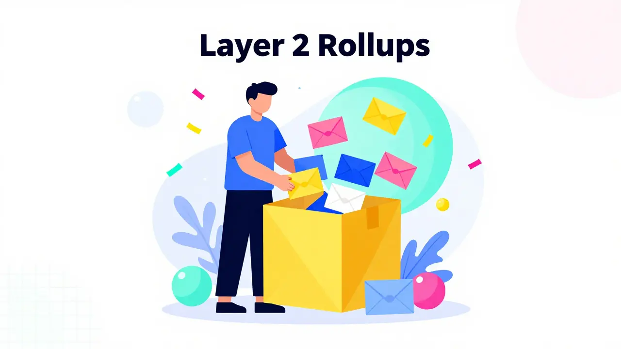 Memphis design graphic showing a coordinator bundling multiple transactions into one package.