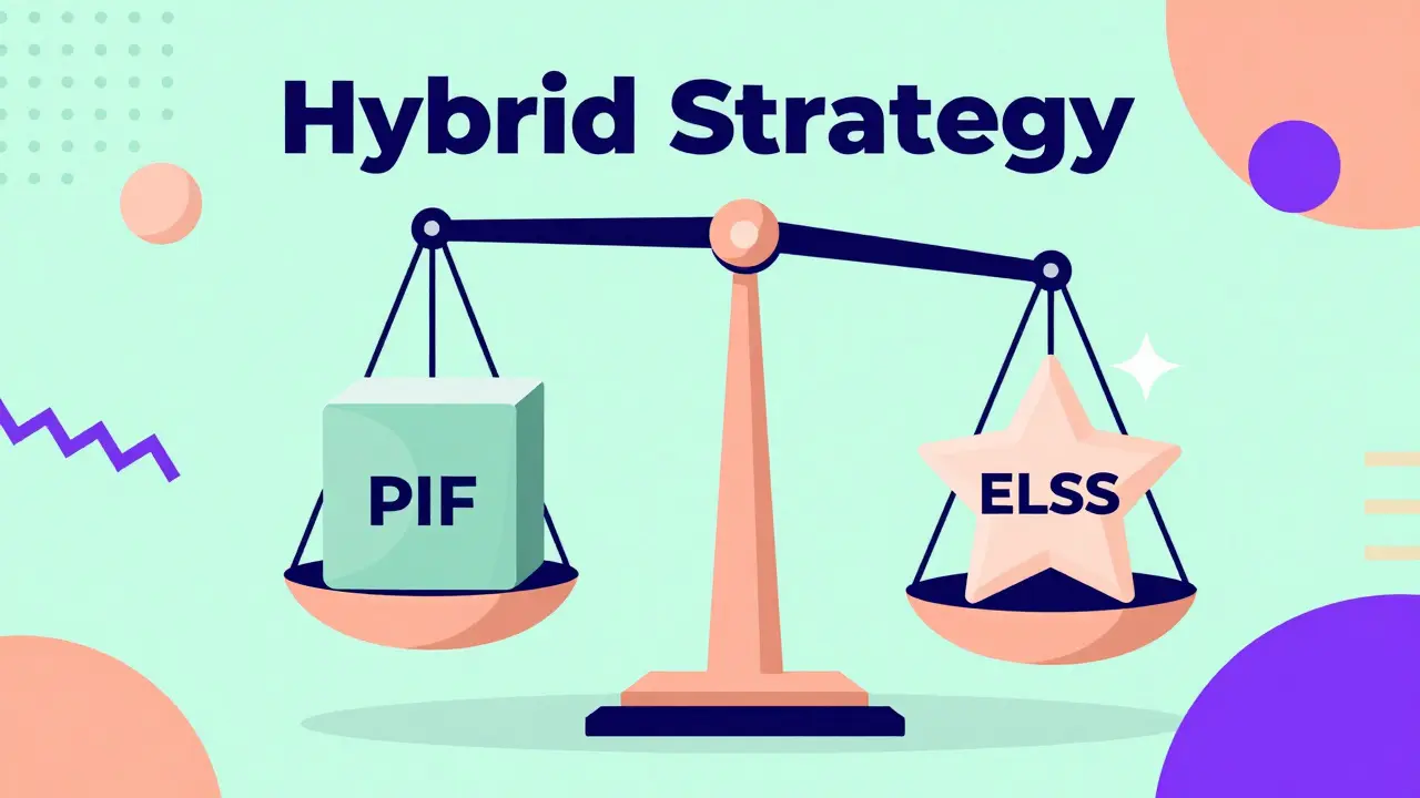 Memphis style graphic showing a balanced scale with a cube and a star symbolizing a diversified investment portfolio.