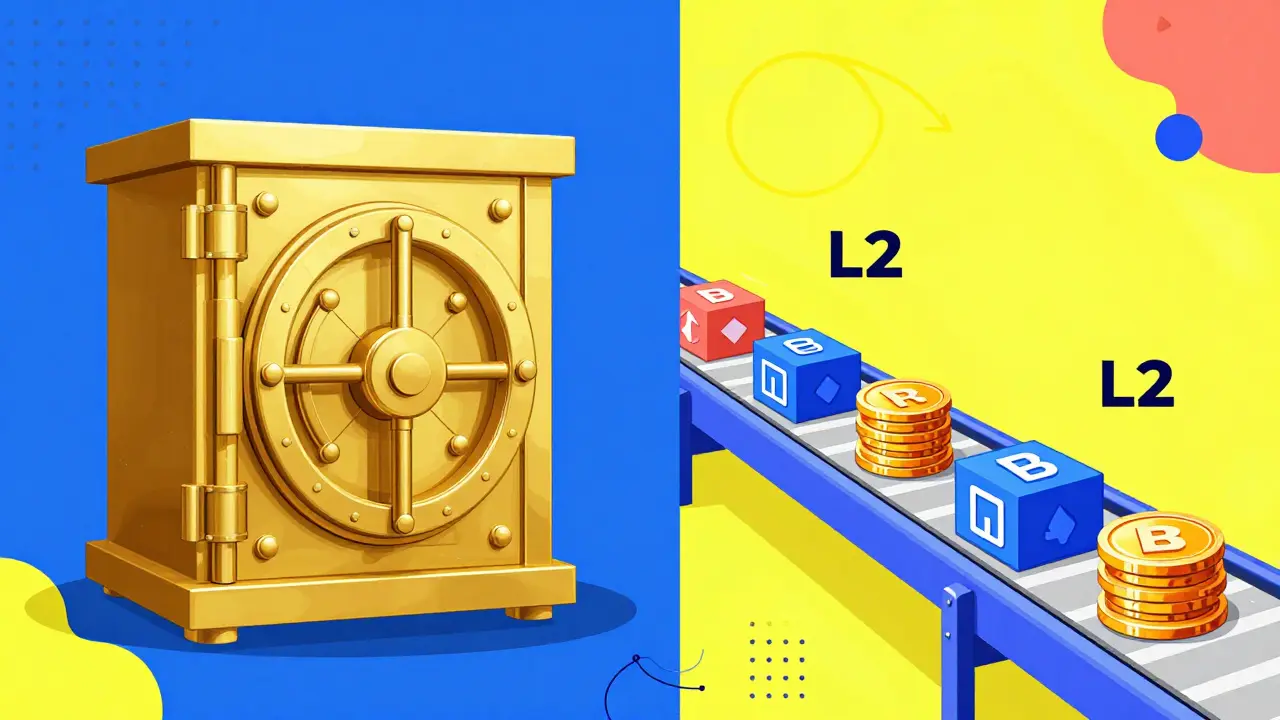 Split illustration comparing a secure gold vault with a fast-moving colorful conveyor belt.