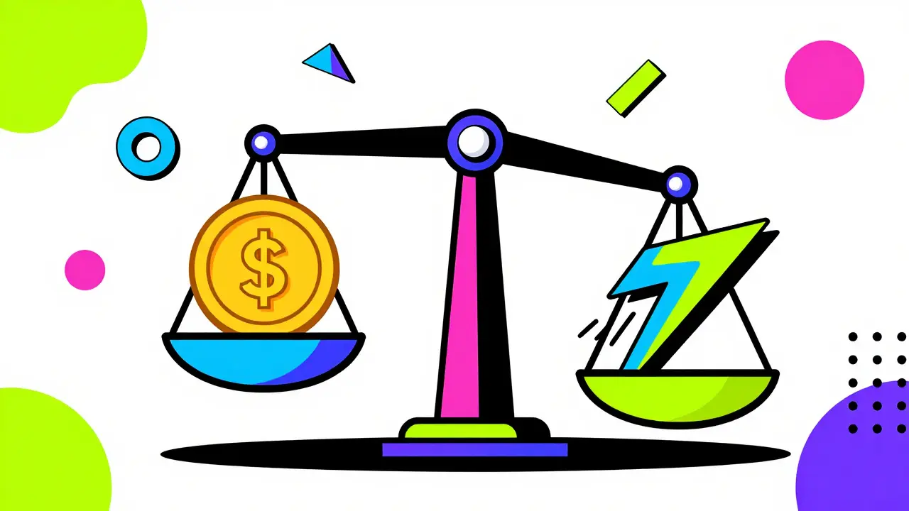 Stylized balance scale comparing security and speed in Memphis design style.