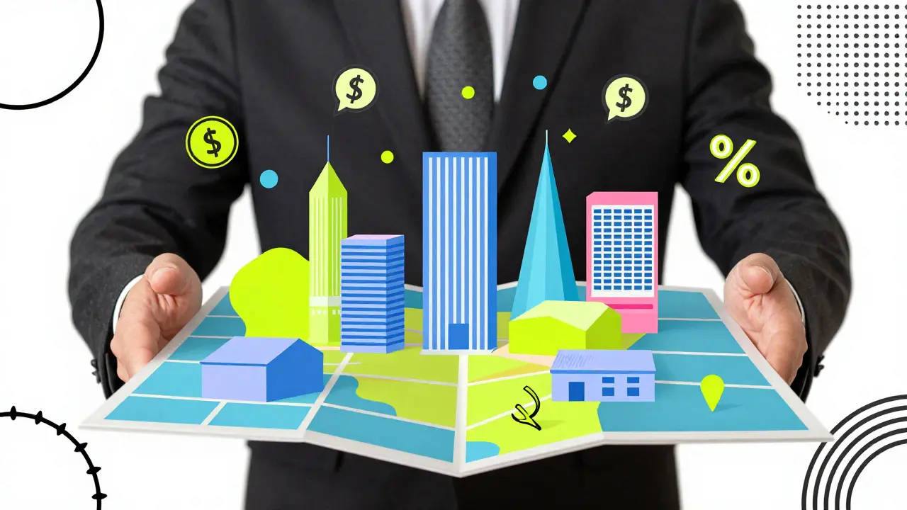 Stylized illustration of a real estate portfolio with geometric buildings and floating dividend symbols.