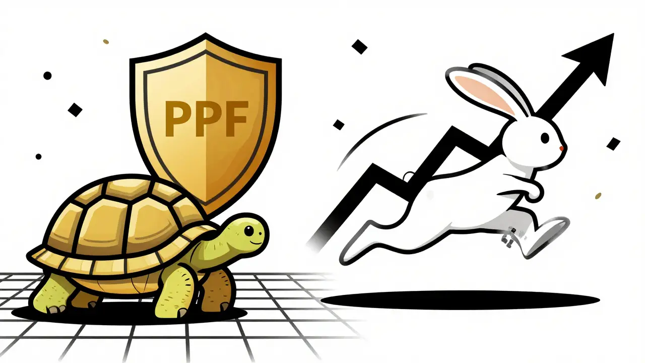 Stylized illustration of a tortoise and rabbit representing the steady returns of PPF versus the growth of ELSS.