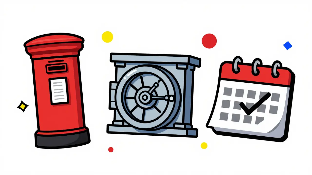 Stylized Memphis design icons of a bank, post office, and a calendar