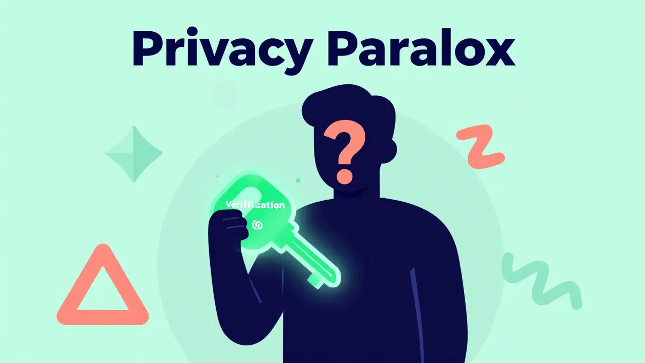 Stylized silhouette holding a verification token among colorful geometric shapes.