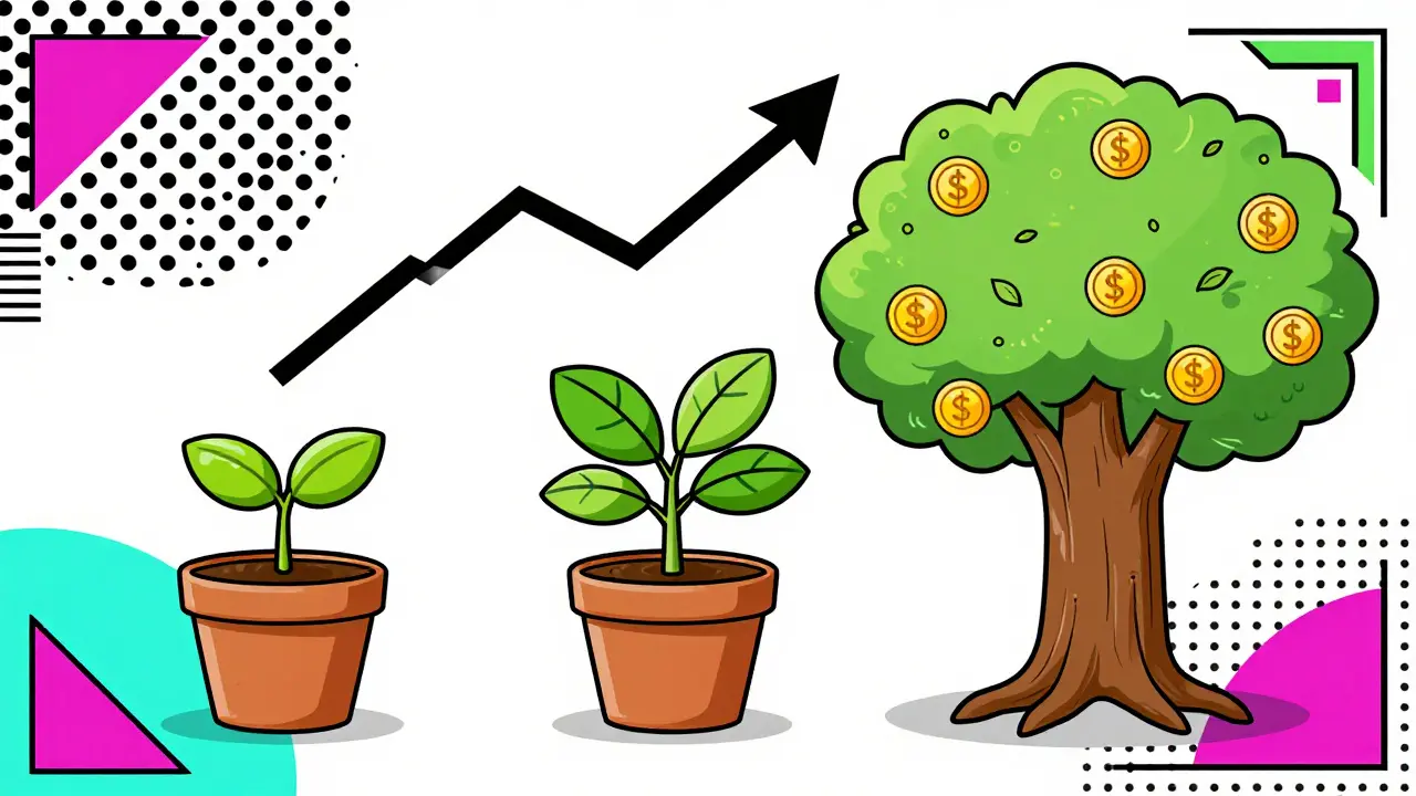 Three plants of increasing size representing different income brackets and tax savings.