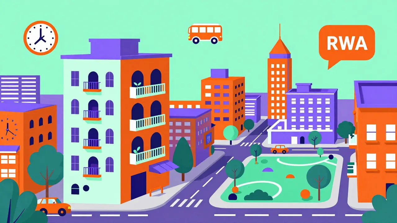 Vibrant Memphis style cityscape with icons of a clock, bus, and chat bubble.