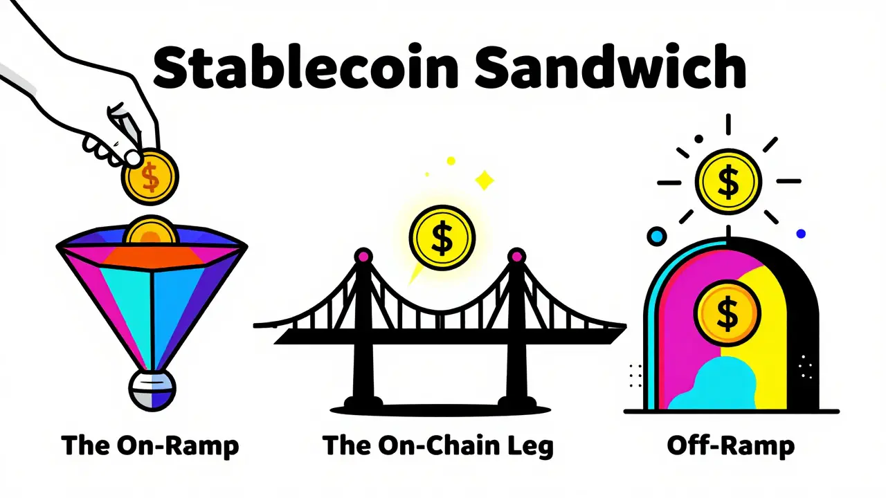 Visual sequence of the on-ramp, on-chain transfer, and off-ramp process for stablecoins.