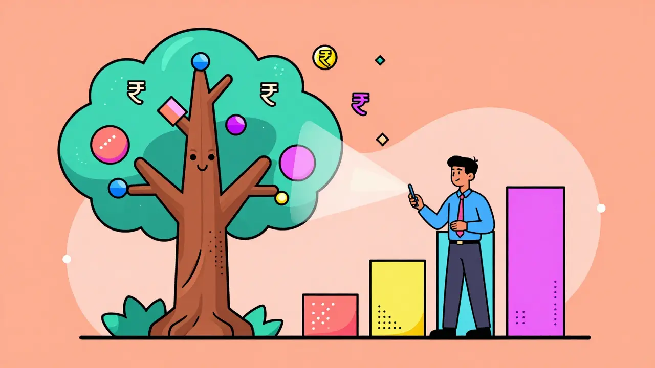 A person nurturing a geometric tree of wealth, representing compounding and step-up SIPs.