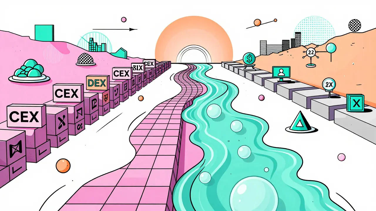 Abstract art merging rigid squares and fluid circles to symbolize hybrid crypto exchange models.
