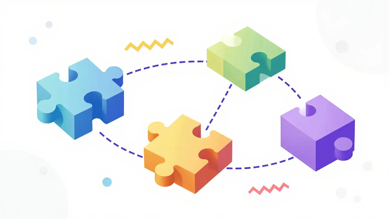 Abstract geometric modules connecting in Memphis style, symbolizing cross-chain interoperability and modular blockchain growth.