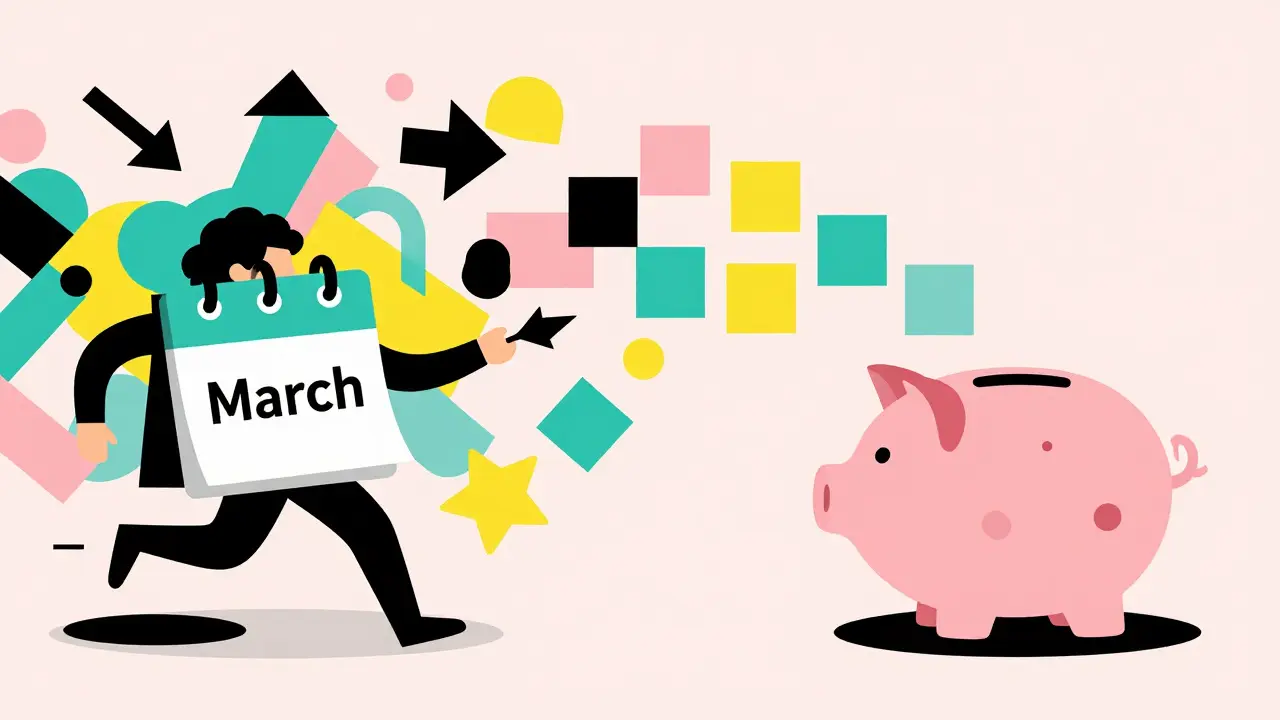 Abstract illustration comparing chaotic March rushing vs calm monthly investing.
