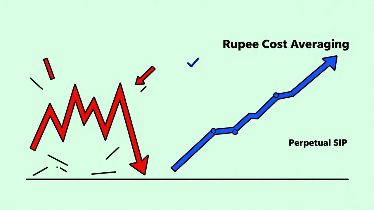 Abstract illustration contrasting chaotic market volatility with steady, consistent investment growth.