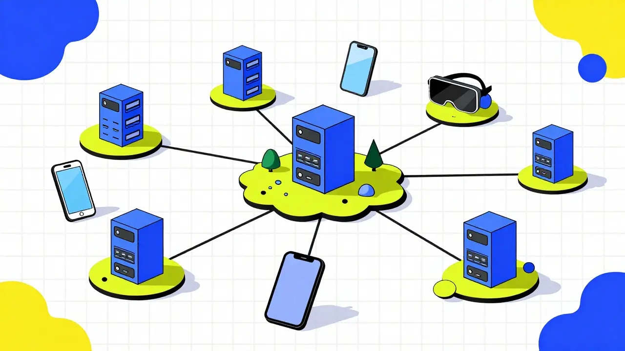 Abstract illustration of distributed edge servers connecting to users via playful geometric lines.