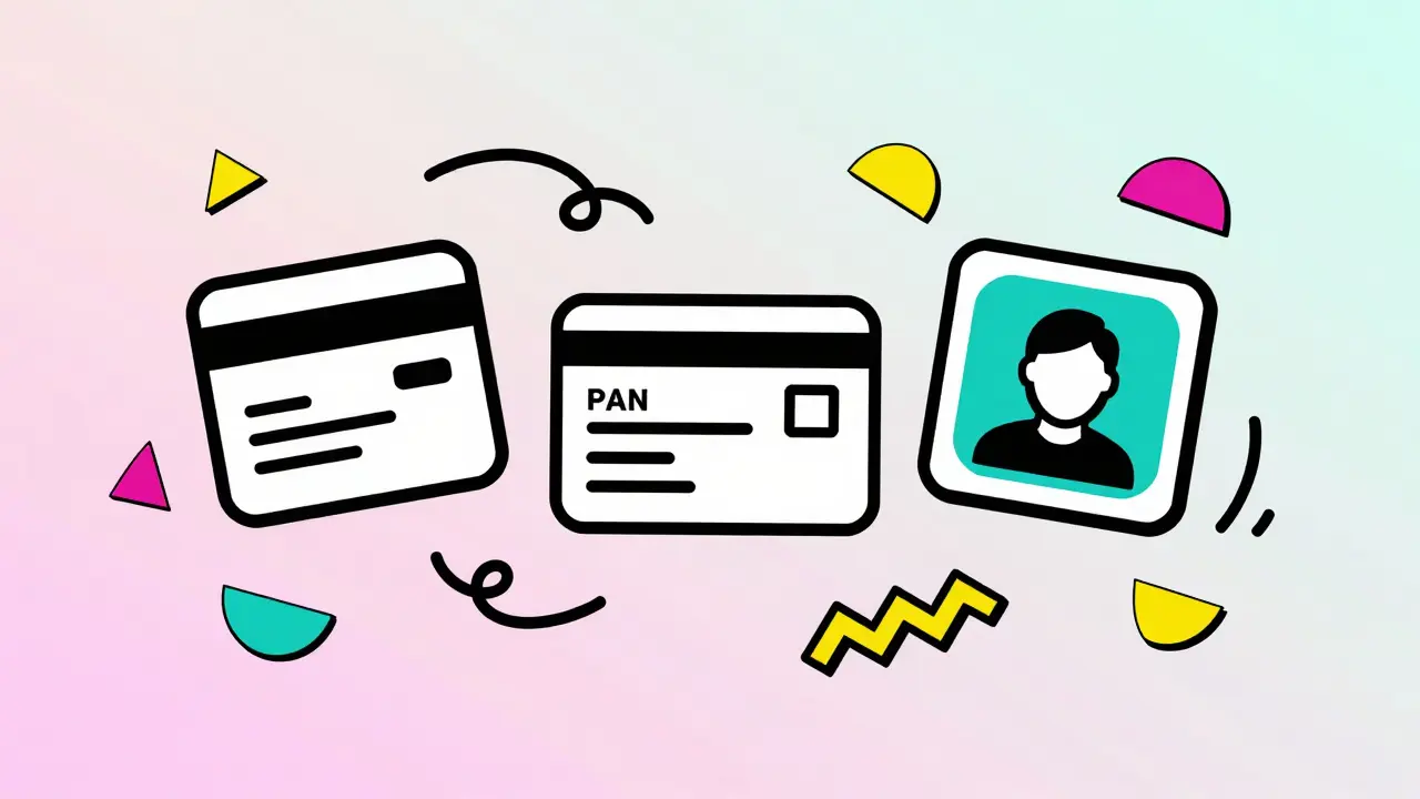 Abstract illustration of ID cards and bank symbols connected by colorful geometric lines