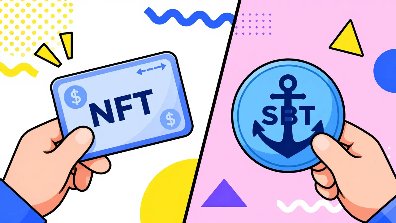 Cartoon comparison of tradable NFTs versus permanent, soulbound identity badges.