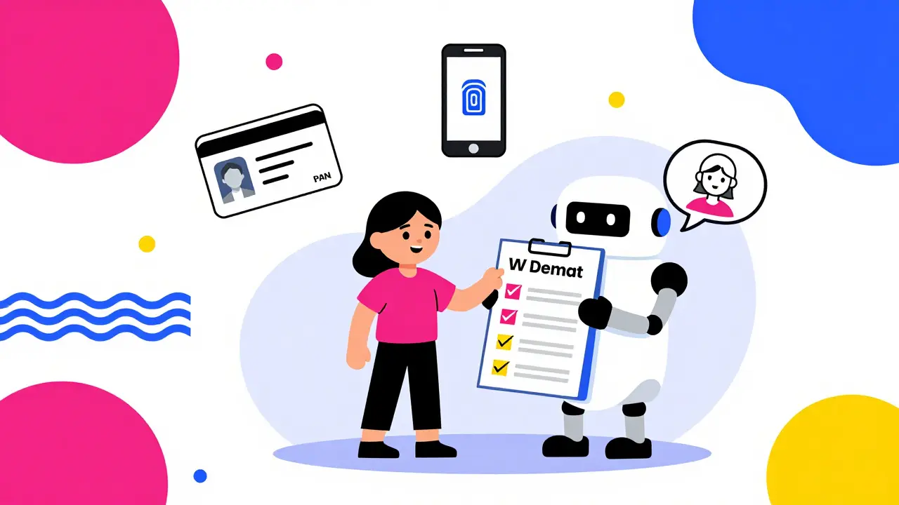 Character with robot assistant completing online KYC steps for Demat account setup.