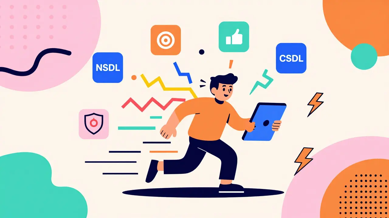 Colorful abstract art depicting fast digital stock trading and security icons