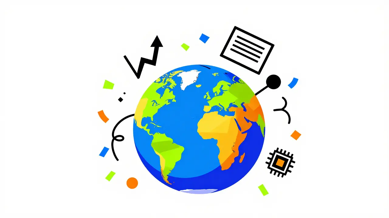 Colorful geometric globe with investment icons in Memphis illustration style