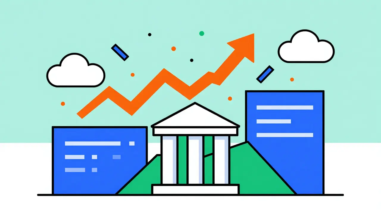 Colorful geometric shapes rising on a stable base, symbolizing crypto investment.