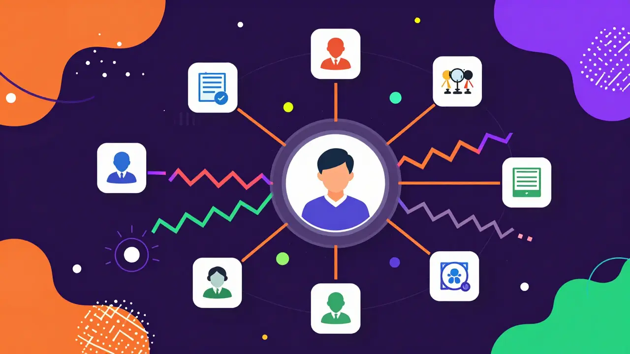 Colorful Memphis illustration of a digital identity network with credential icons.