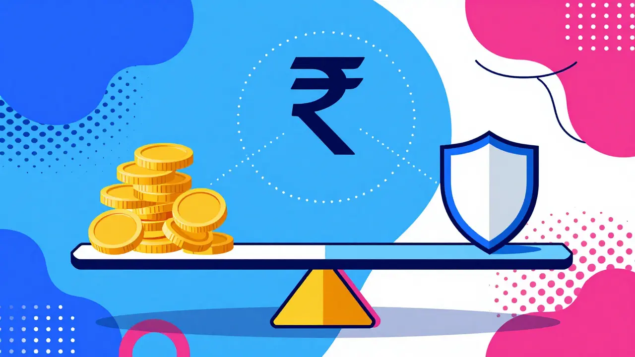 Colorful seesaw balancing coins and shield with rupee symbol