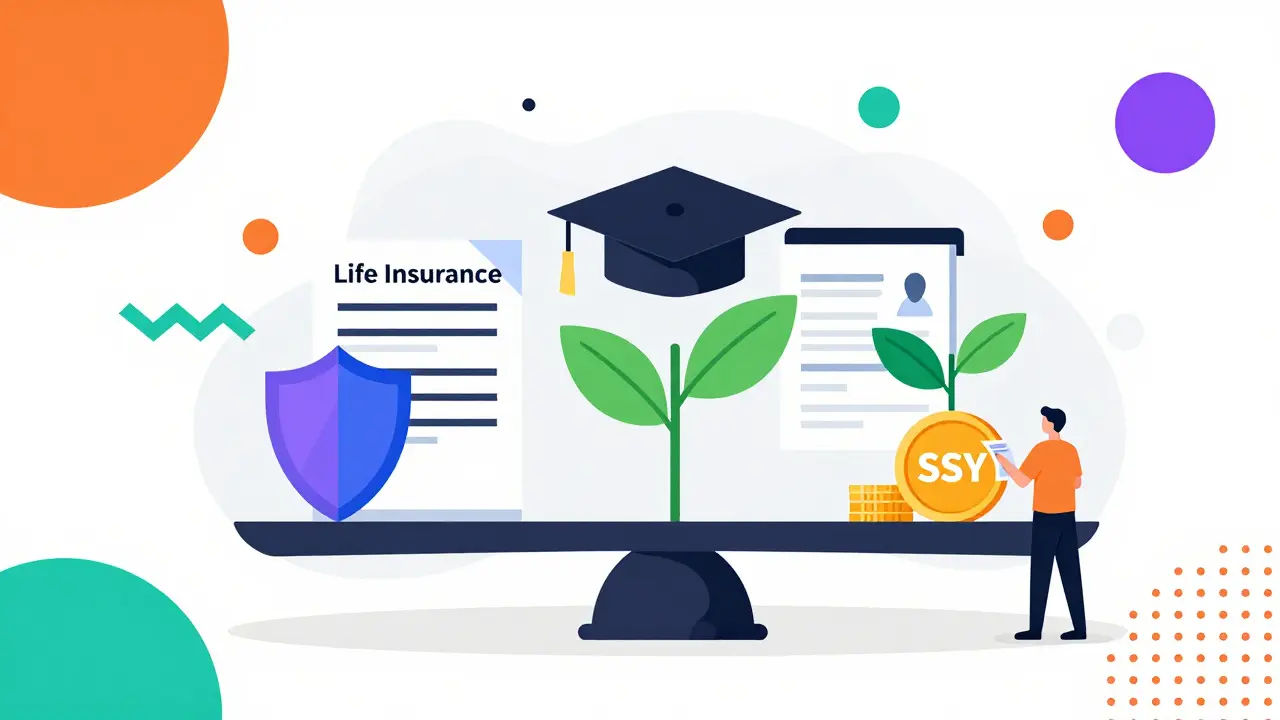 Graphic showing balance between insurance, education costs, and savings account icons