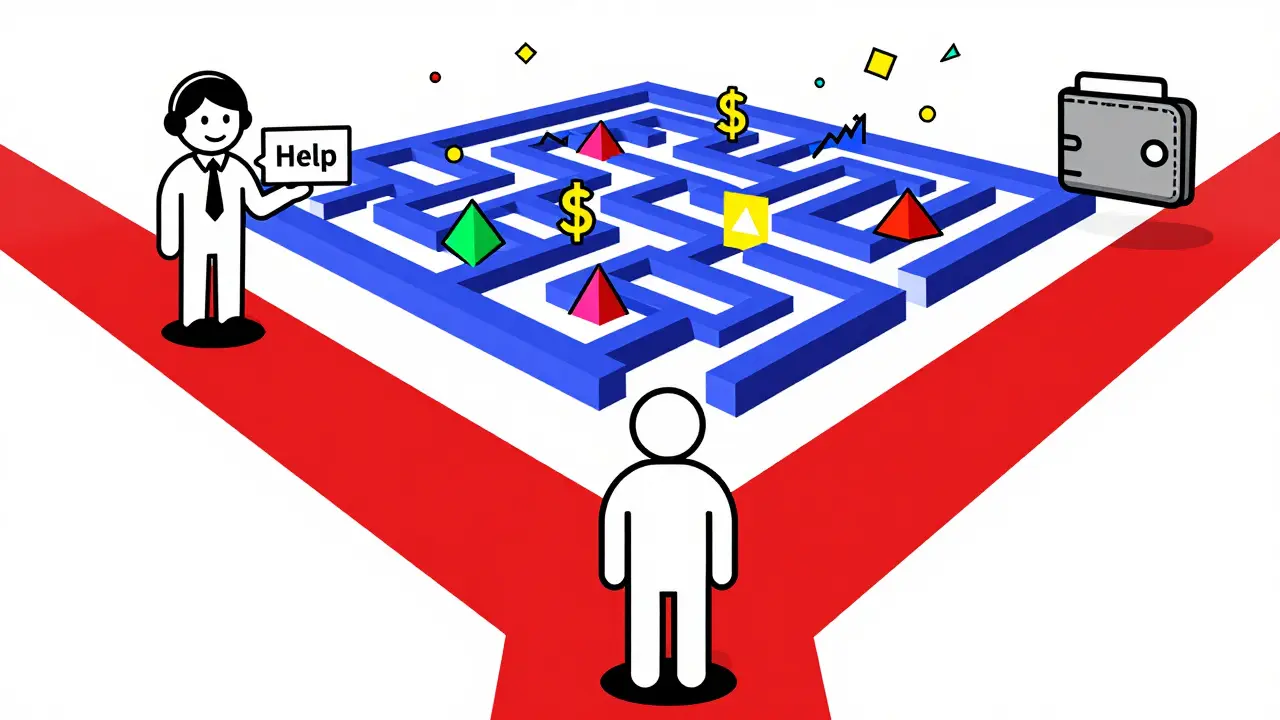 Graphic showing easy customer support path versus complex technical maze for crypto traders.