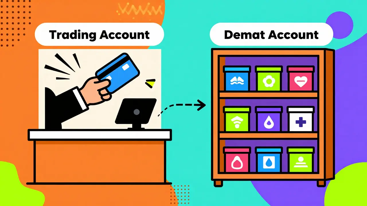 Illustration comparing trading checkout counter with asset storage pantry shelves.