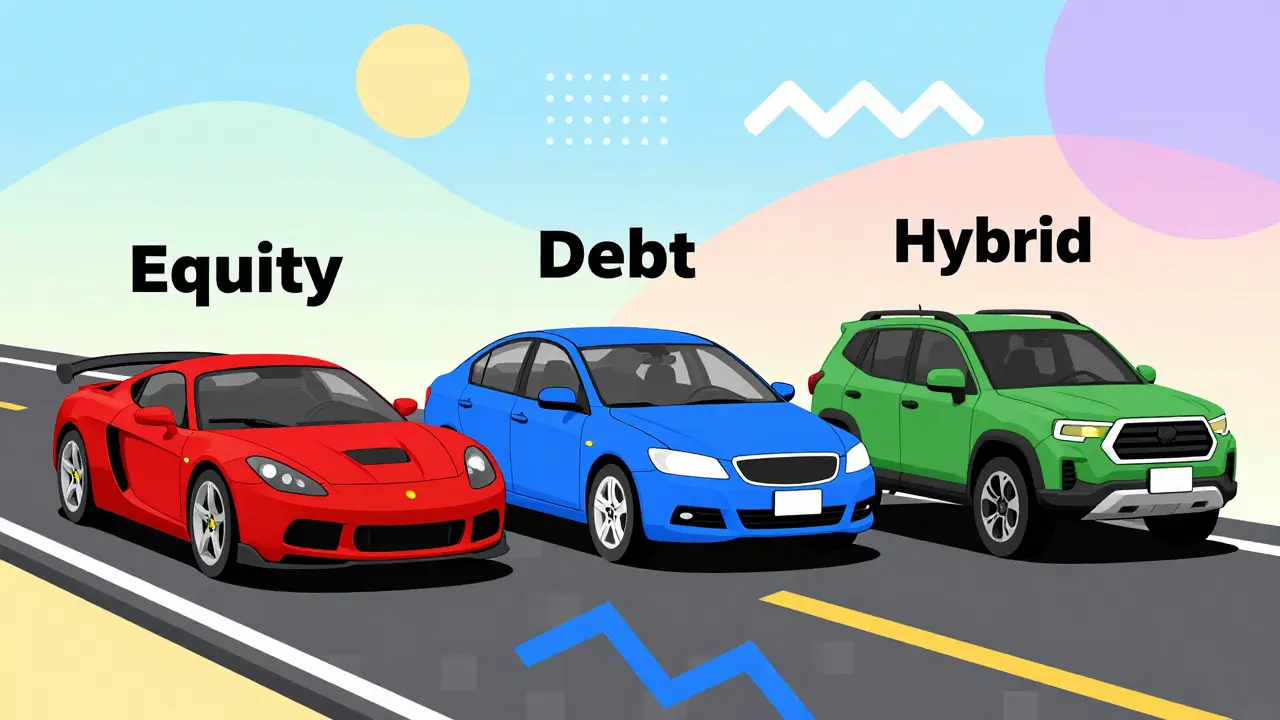 Illustration of cars representing equity, debt, and hybrid funds