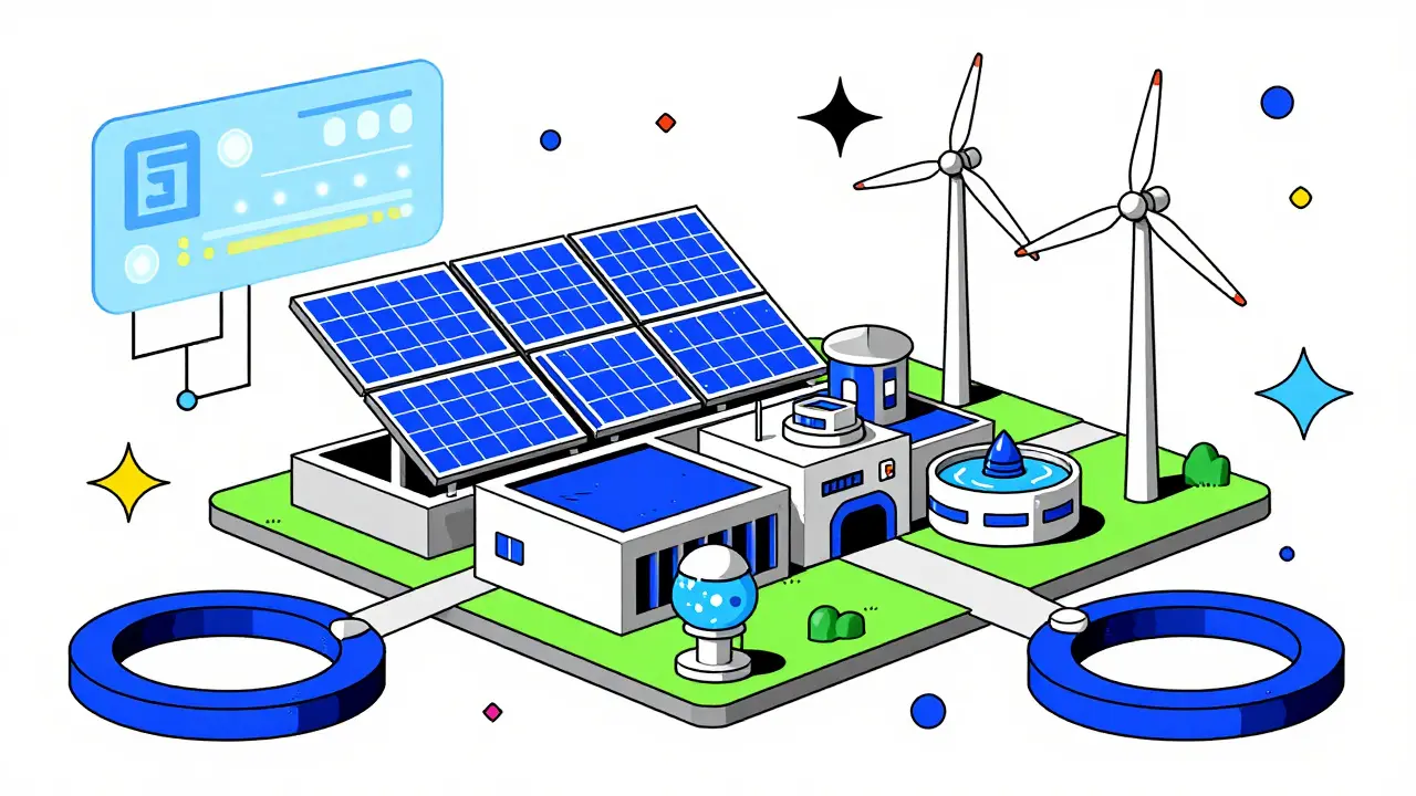 Illustration of sustainable mining with solar power and tech