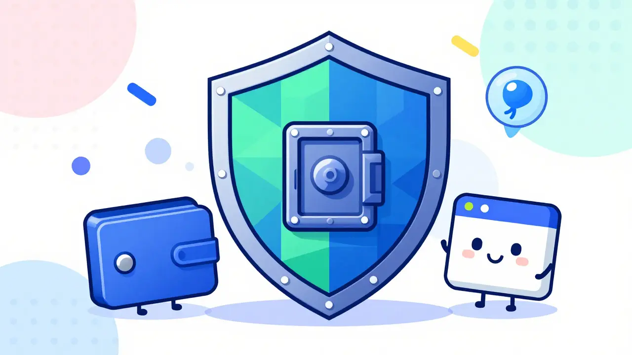 Memphis design graphic depicting security shields and tools protecting digital assets