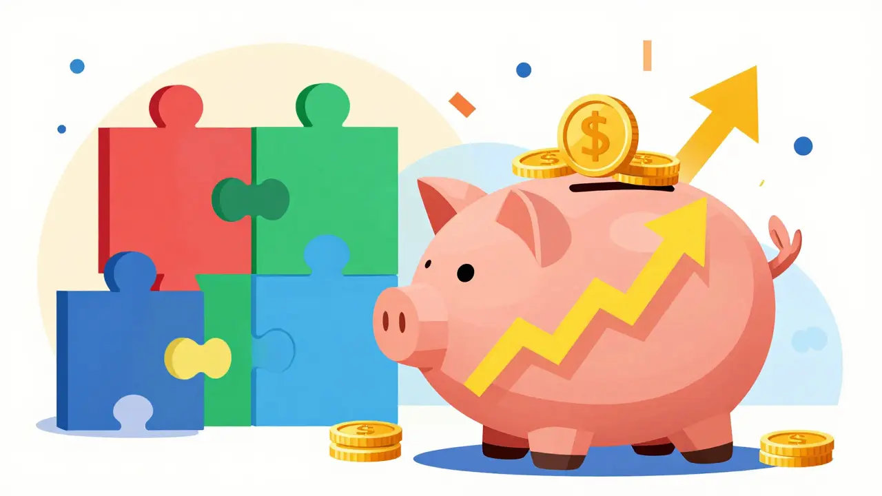 Memphis style art showing savings growing with coins and upward arrows in bright colors