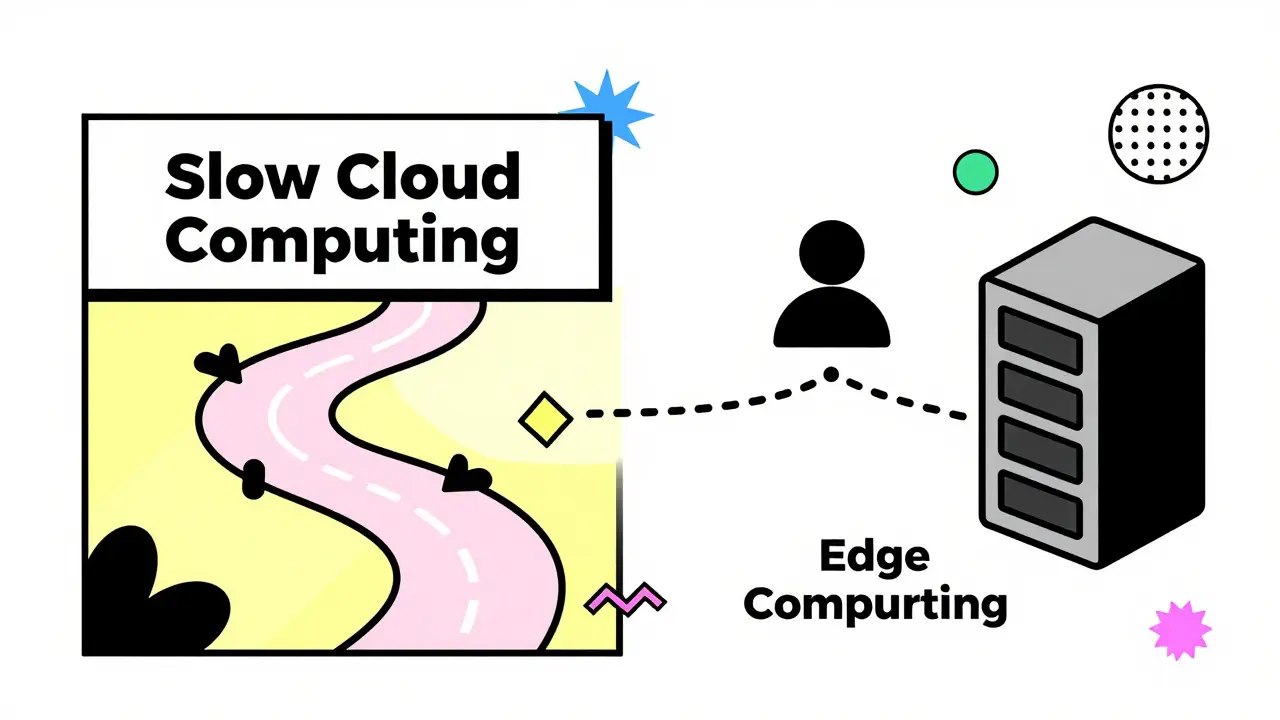 Memphis-style graphic comparing long cloud data paths to short, fast edge computing connections.