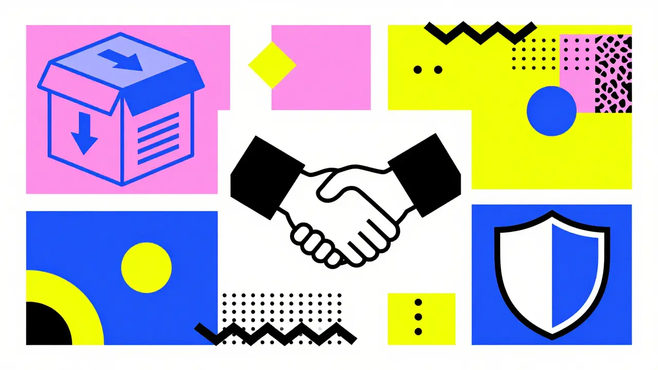 Memphis style graphic showing blockchain applications like supply chain and contracts.