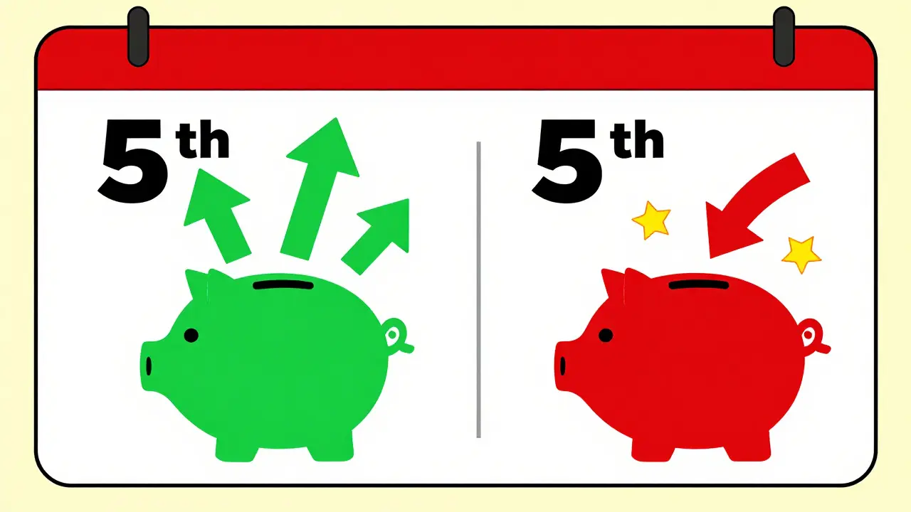 Memphis style graphic showing the importance of depositing funds before the 5th day for interest.