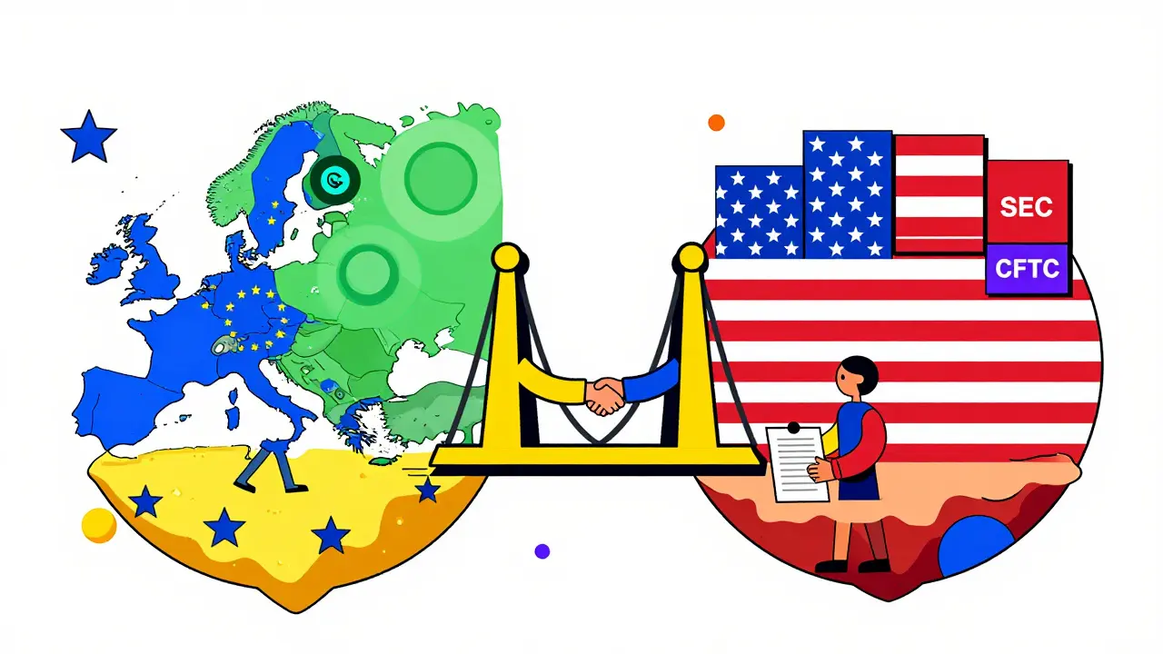 Memphis style illustration comparing EU and US crypto regulatory approaches.
