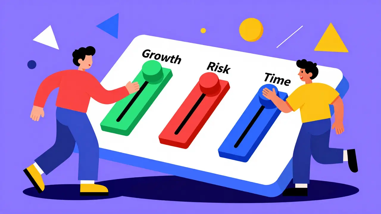 People adjusting abstract sliders for risk and growth in a vibrant Memphis style scene