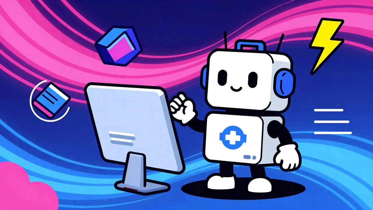 Playful cartoon robot on a fast network interface, representing high-frequency trading on a specialized Layer 3 chain.