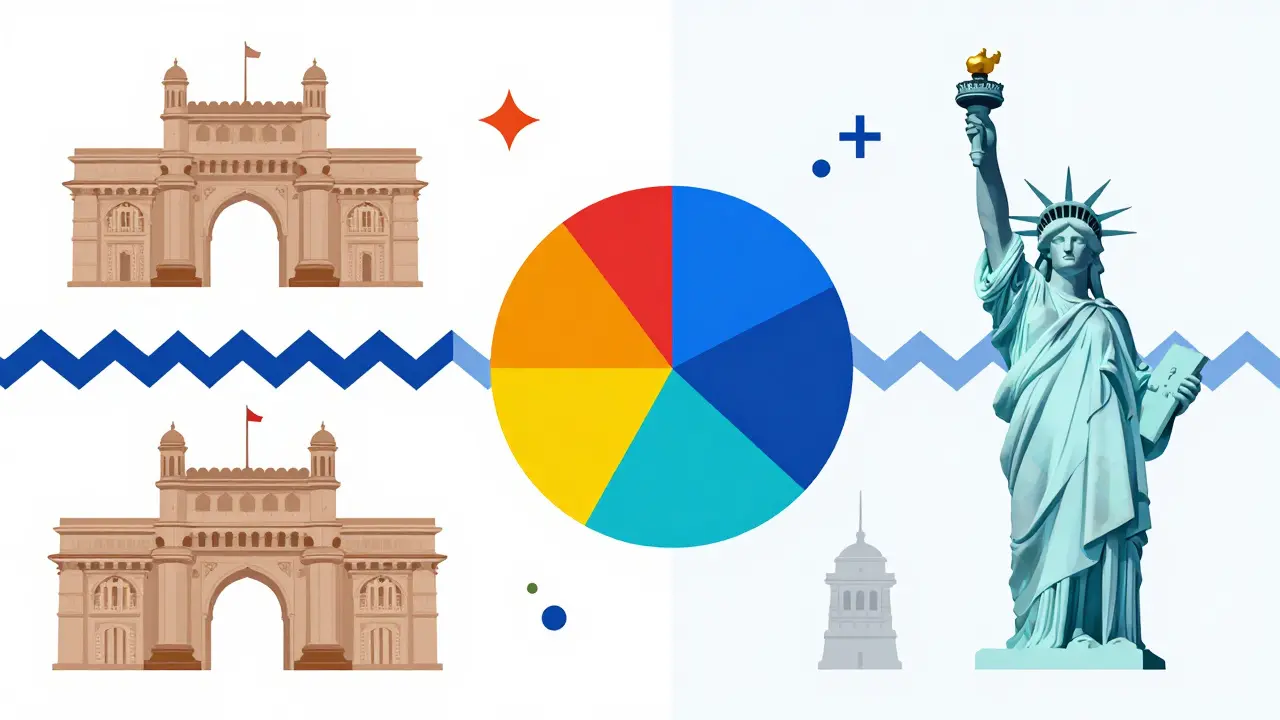 Split screen Memphis art balancing Indian and US landmarks with a pie chart