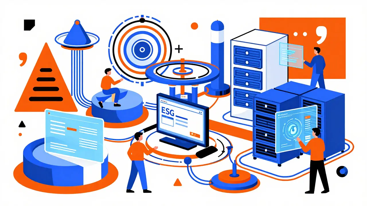 Stylized factory with IoT sensors and ESG data streams