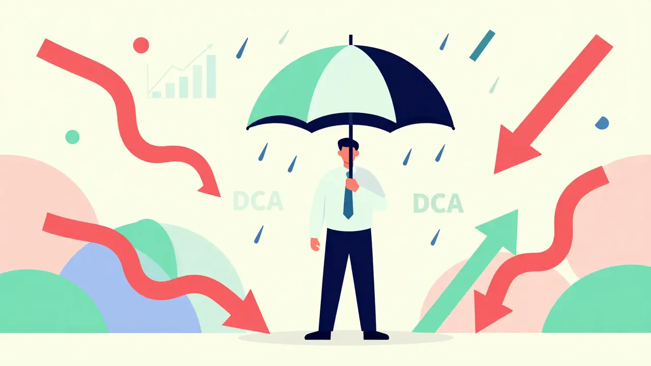 Trader with umbrella against volatility storm, Memphis art
