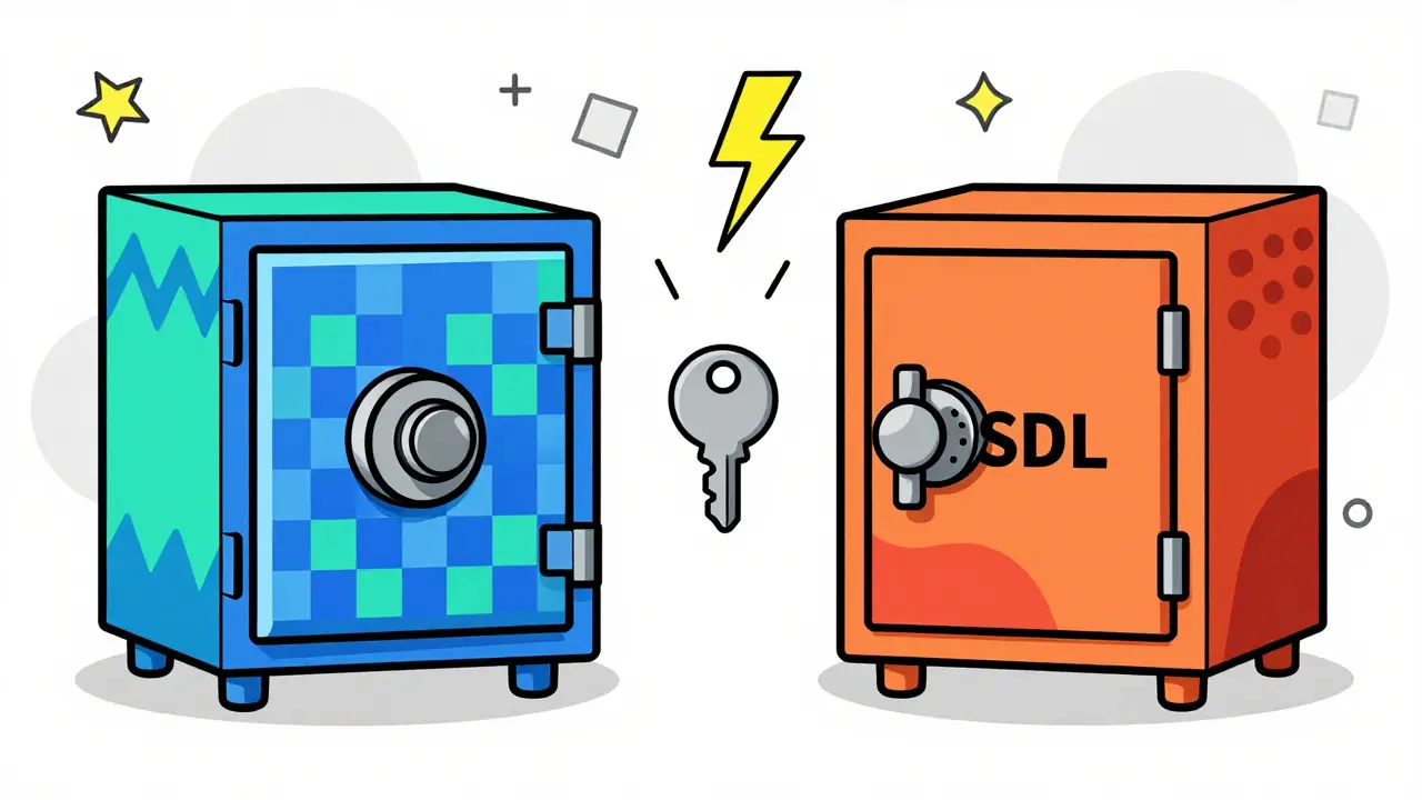 Two stylized vaults representing NSDL and CDSL with colorful Memphis patterns and a digital key.