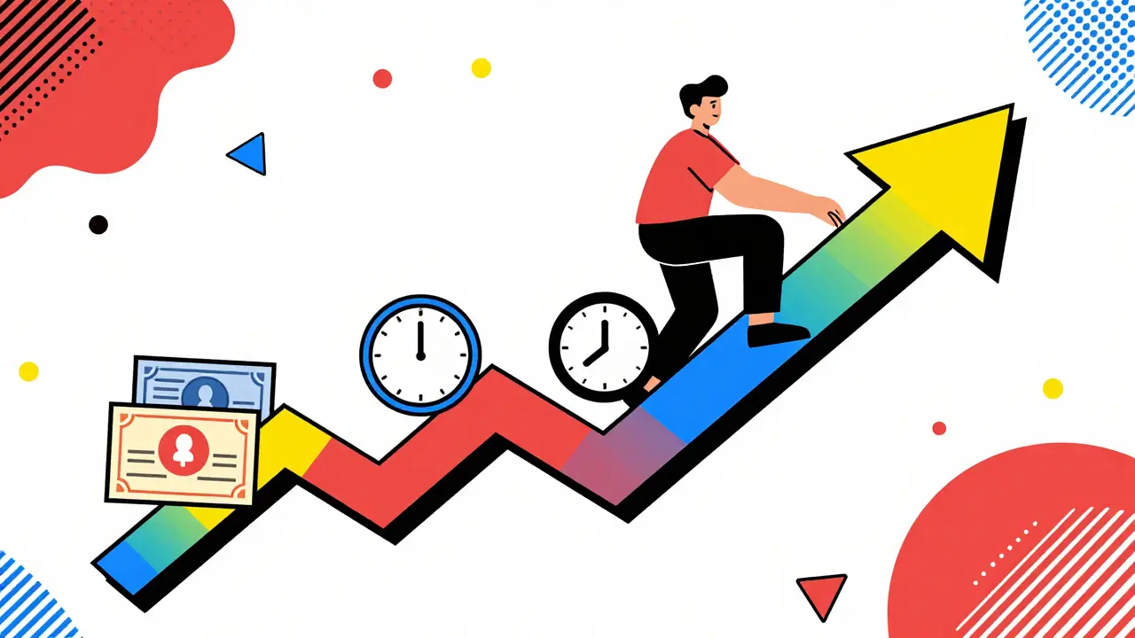 Upward trend arrow with investment icons representing equity growth and market timing