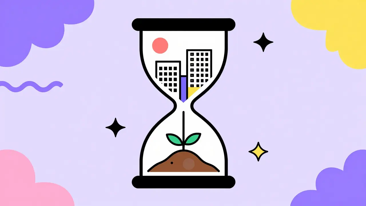 Abstract Memphis art of an hourglass transforming a seed into a building