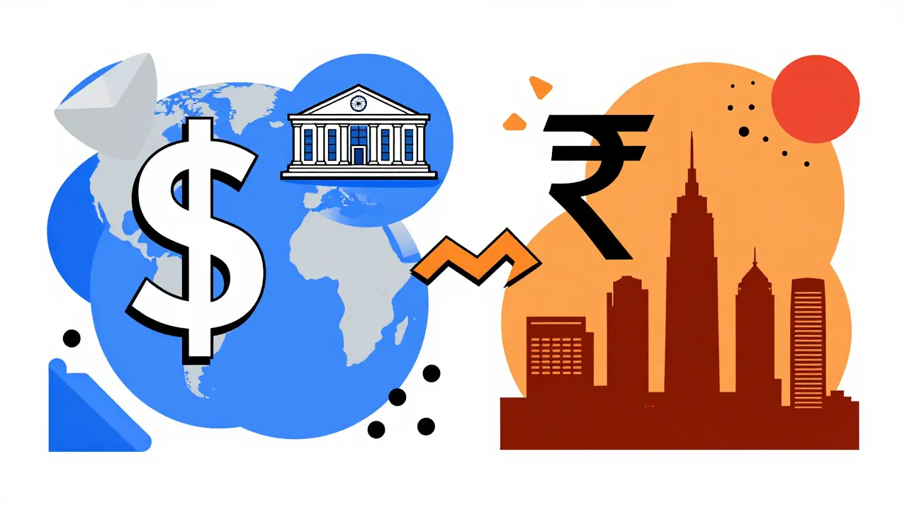Abstract Memphis art showing connection between US dollar and Indian rupee