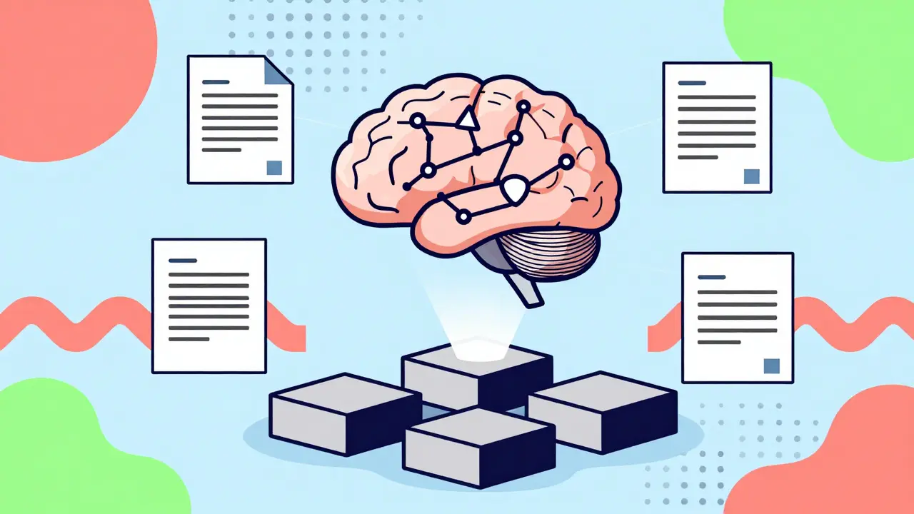 Abstract Memphis design showing an AI brain connecting to blockchain specs for automated formal verification.