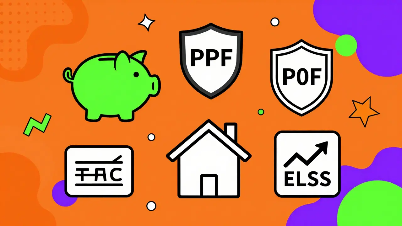 Abstract Memphis-style icons of savings accounts, insurance shields, and houses floating.