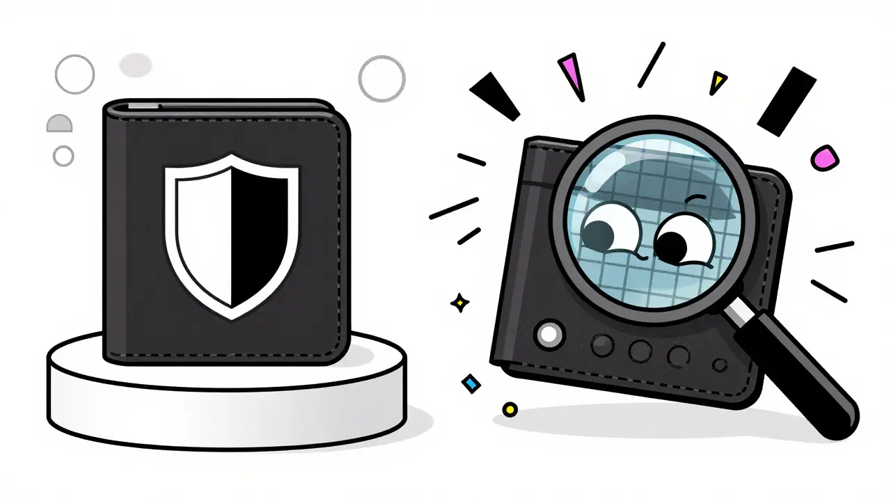 Authentic vs counterfeit crypto wallet comparison with geometric patterns