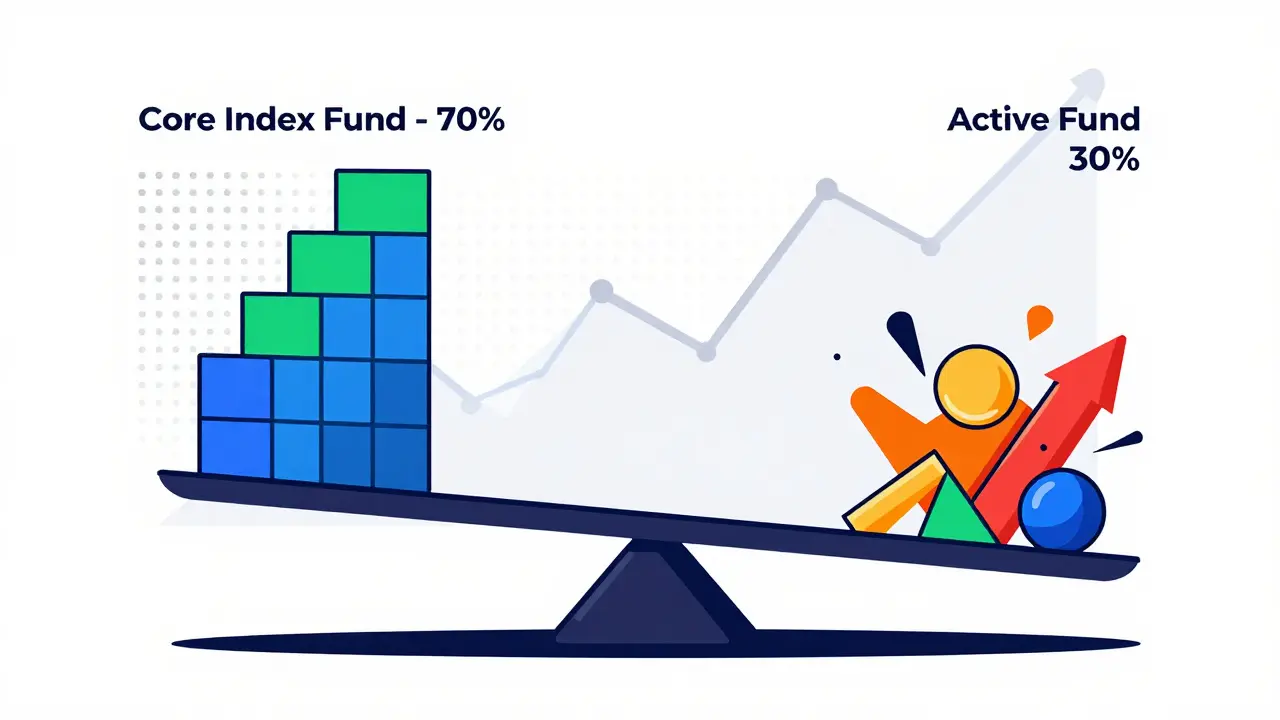 Balanced scale showing hybrid portfolio mix of index and active fund allocations.